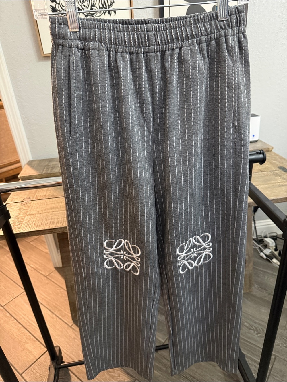 Women’s  Gray Pinstripe Elastic-Waist lounge Pants with Embroidered Detail